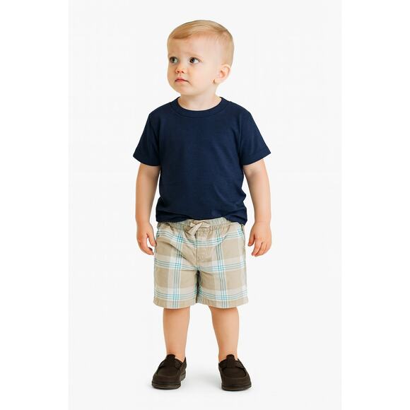 Circo Boys Plaid Drawstring Shorts Size 4T Tan Blue Adjustable Waist Summer - Picture 1 of 5